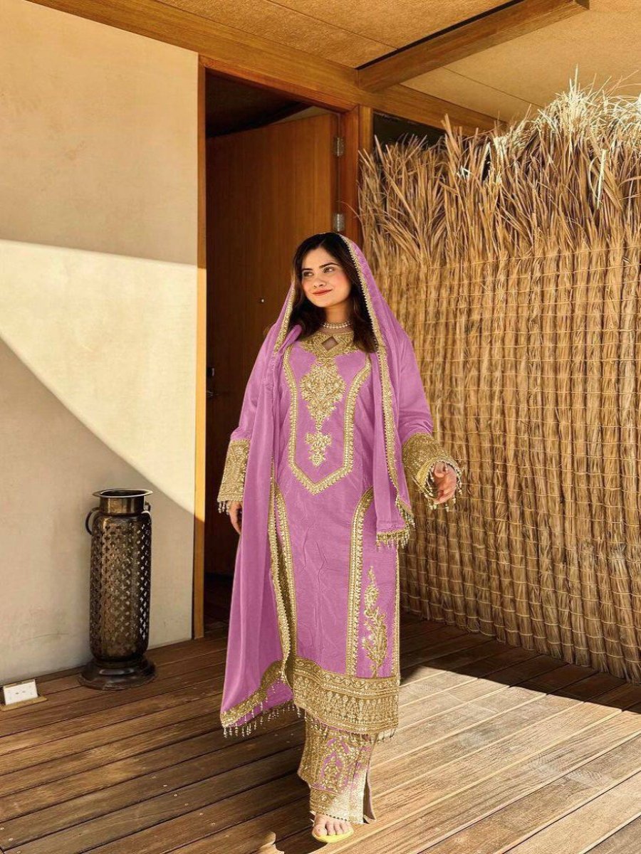 Launching New Đěsigner Party Wear Look Pur Chinon Silk Top Plazzo & Dupatta Set.