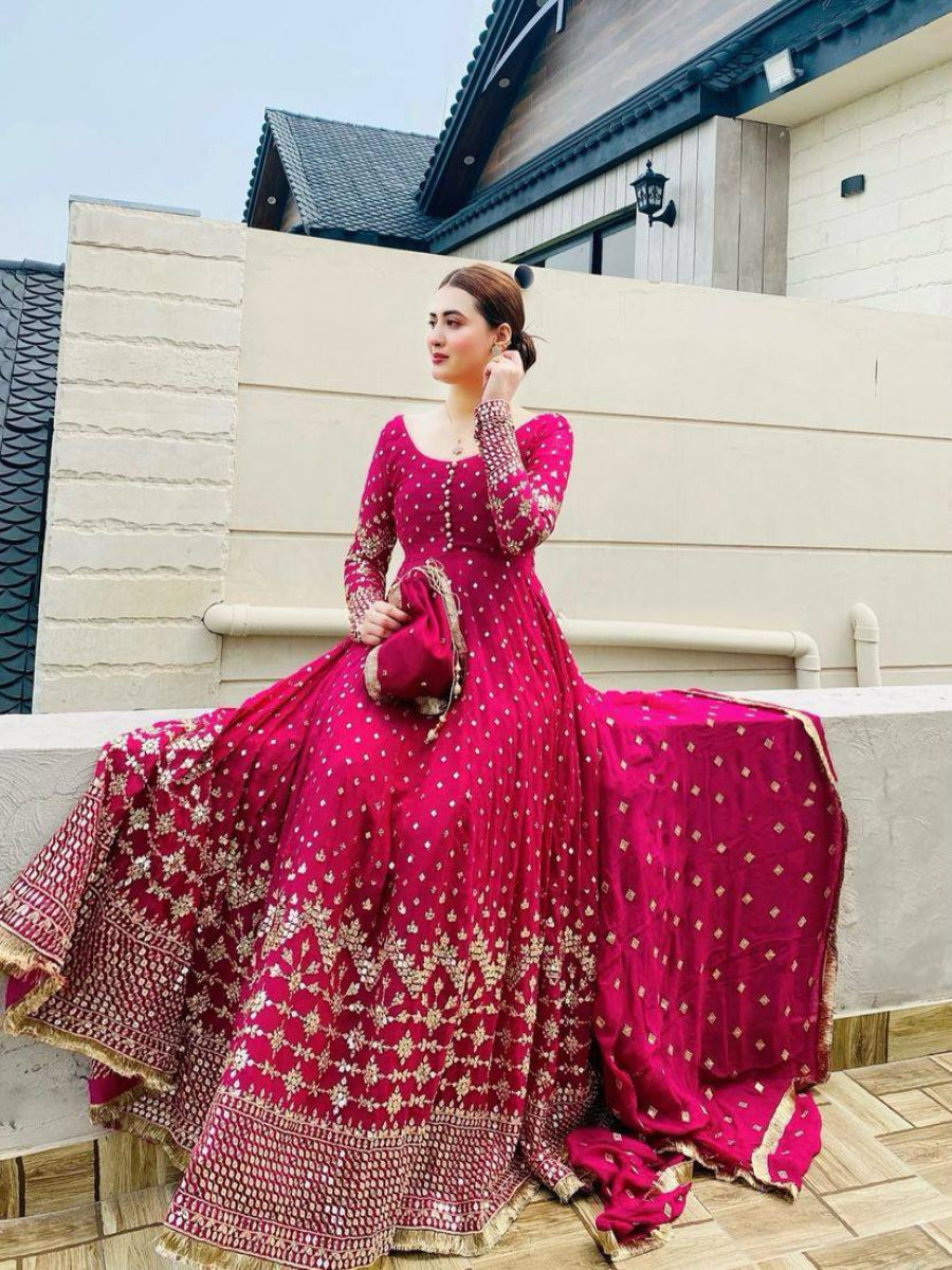 Launching New Party Wear Look Pure Faux Georgette Fancy Anarkali Gown,Dupatta & Bottom Set