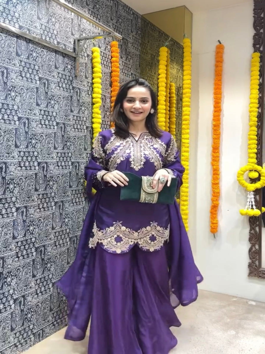 Launching New Đěsigner Party Wear Look Pur Chinon Silk Top Plazzo & Dupatta Set.