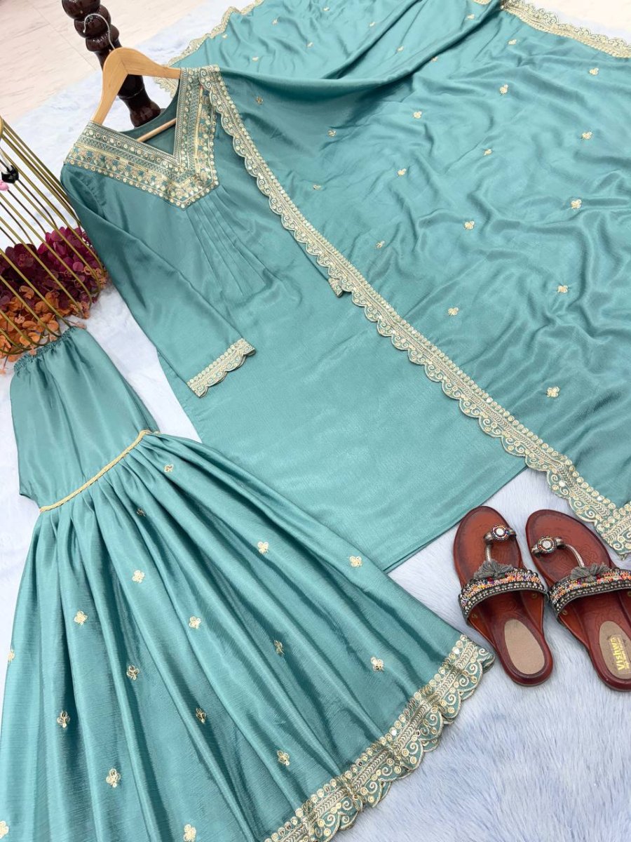 Launching New Đěsigner Party Wear Look Pur Chinon Silk Top Plazzo & Dupatta Set.