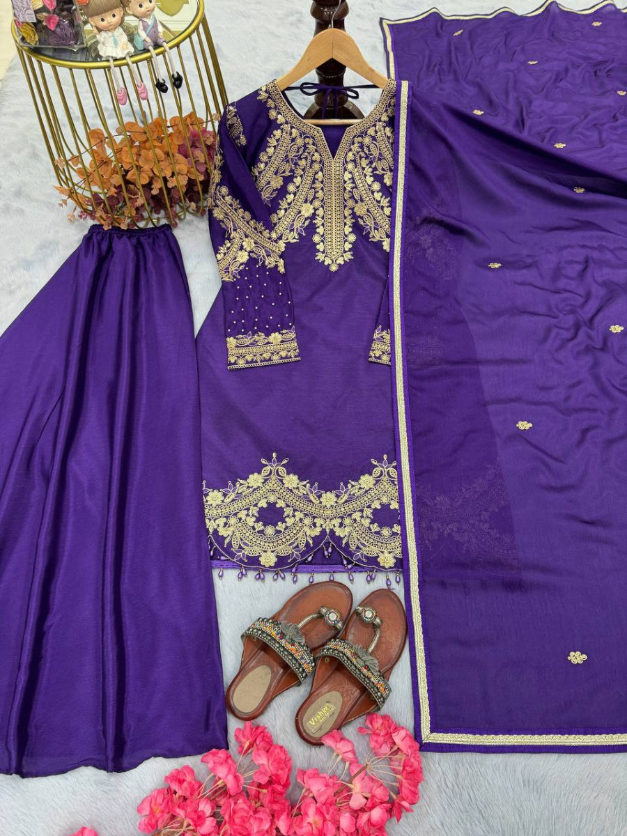 Launching New Đěsigner Party Wear Look Pur Chinon Silk Top Plazzo & Dupatta Set.