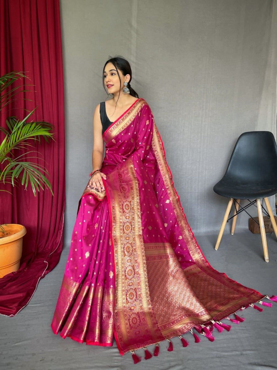 Presenting Pure Soft Silk Saree With Gold And Silver Meena Weaved Border.