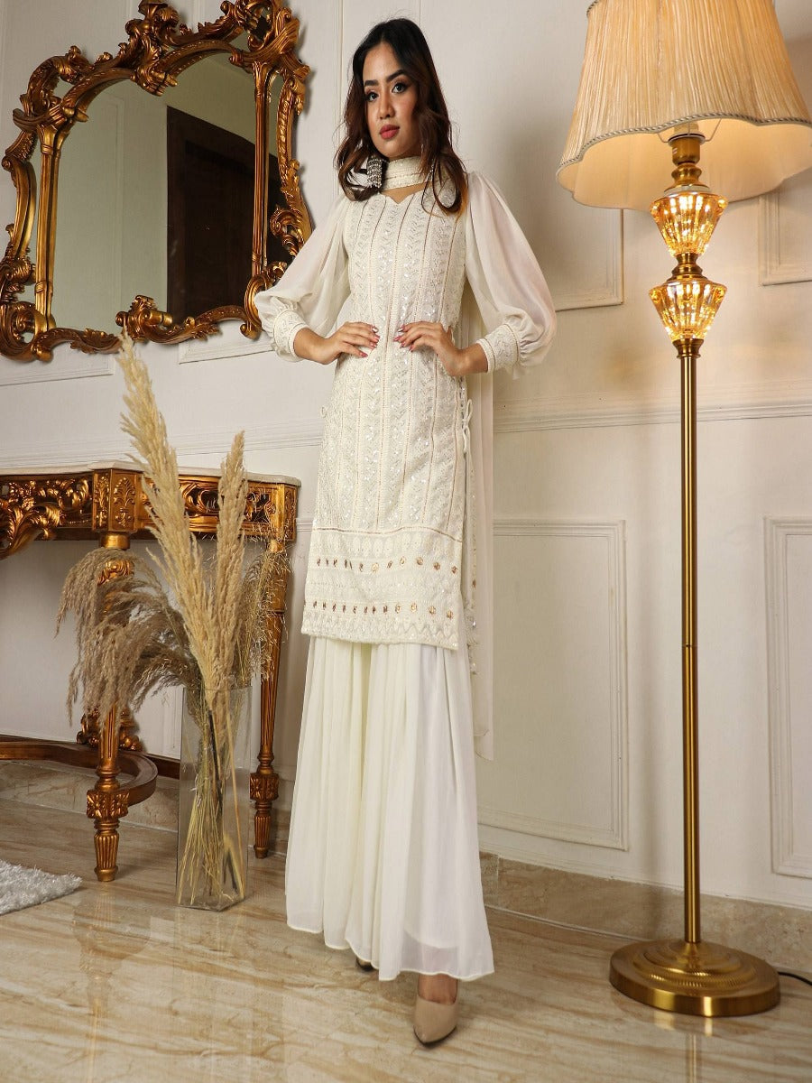 Beautiful Pure Lukhnowi Kurta Set Embroidery Cotton Thread Work Top - Sharara And Duppta Set.