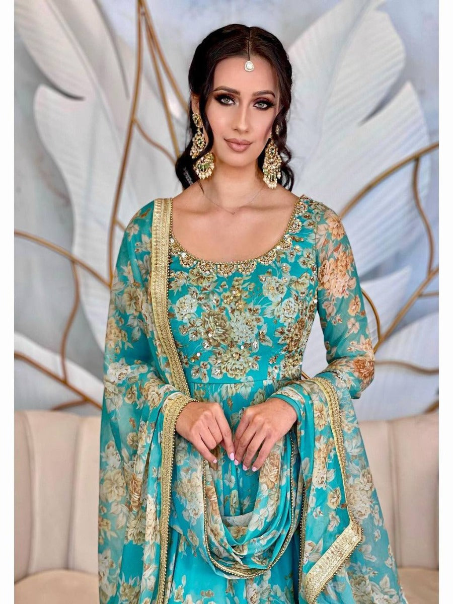 Launching New Designer Party Wear Look Embroidery Sequence Work Anarkali Gown & Dupatta