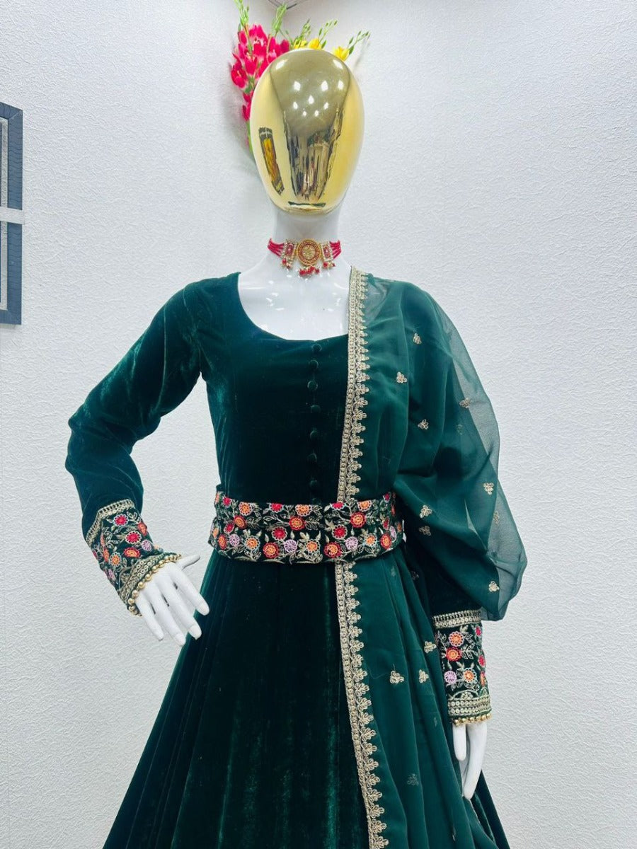 Launching Designer Wedding Wear Look Full Velvet Fancy Gown & Dupatta Set.