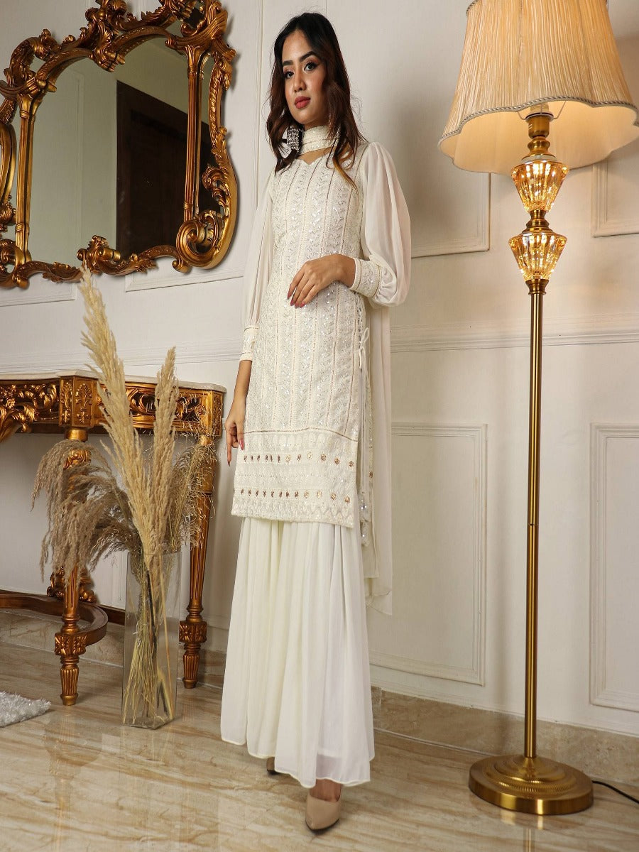 Beautiful Pure Lukhnowi Kurta Set Embroidery Cotton Thread Work Top - Sharara And Duppta Set.