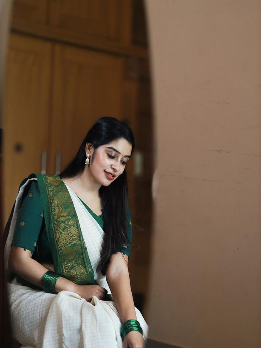 Pooja Special Lichi Silk Banarasi Saree With Green Kanjiwaram Figure.