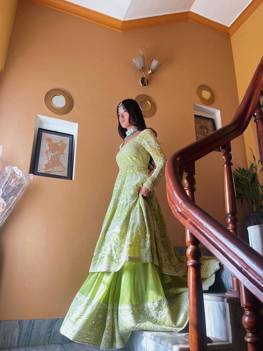 Launching Designer Wedding Wear Look Gorgette Siqunce Embroidery Work Top-Lehenga & Dupatta Set.