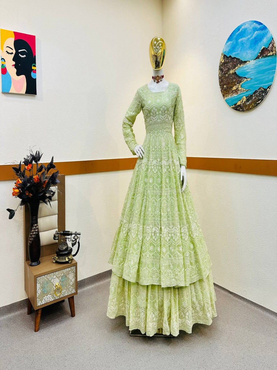Launching Designer Wedding Wear Look Gorgette Siqunce Embroidery Work Top-Lehenga & Dupatta Set.