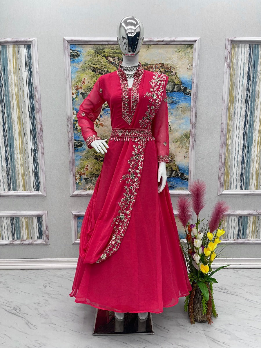 Launching New Designer Party Wear Look Gown & Attached Dupatta With Waist Belt Set.