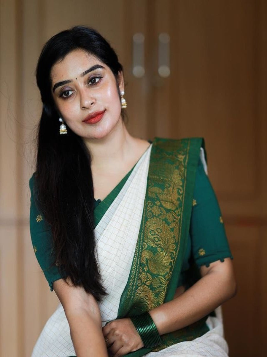 Pooja Special Lichi Silk Banarasi Saree With Green Kanjiwaram Figure.