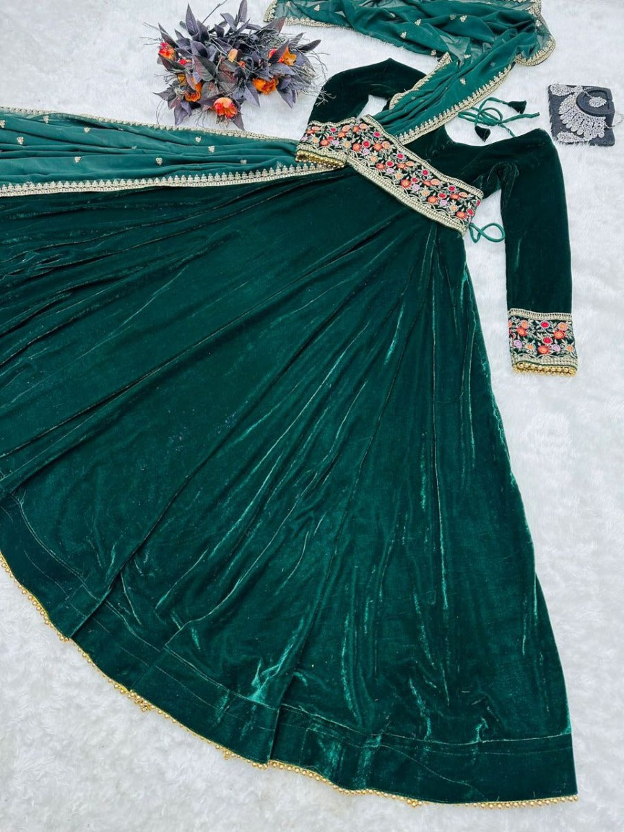 Launching Designer Wedding Wear Look Full Velvet Fancy Gown & Dupatta Set.