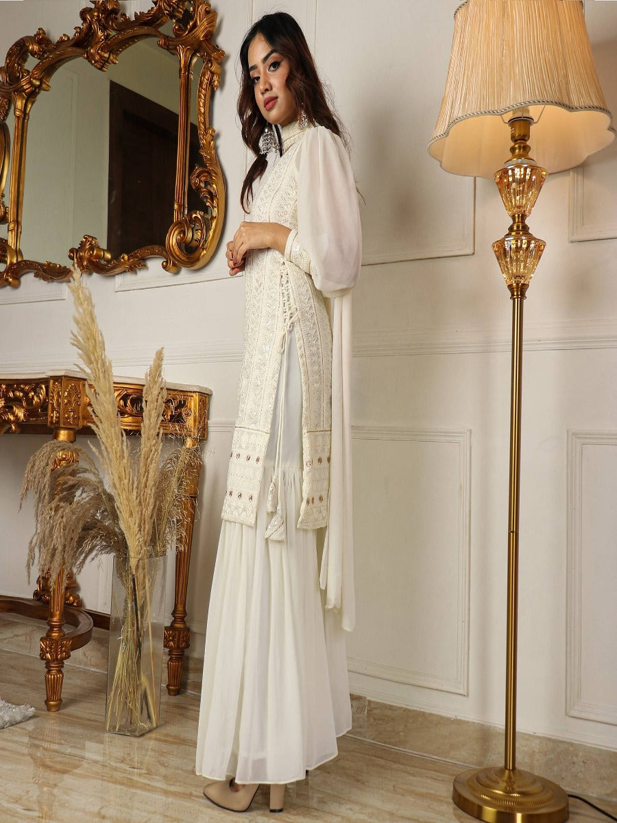 Beautiful Pure Lukhnowi Kurta Set Embroidery Cotton Thread Work Top - Sharara And Duppta Set.