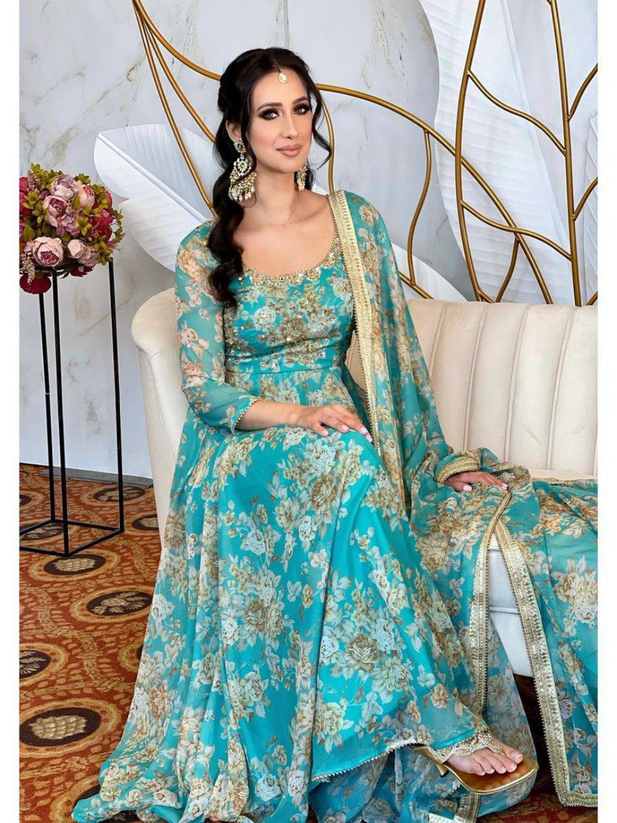 Launching New Designer Party Wear Look Embroidery Sequence Work Anarkali Gown & Dupatta