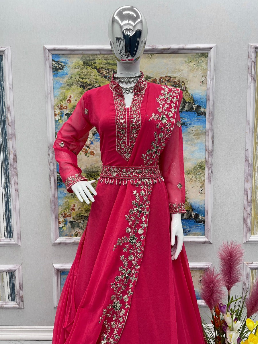 Launching New Designer Party Wear Look Gown & Attached Dupatta With Waist Belt Set.