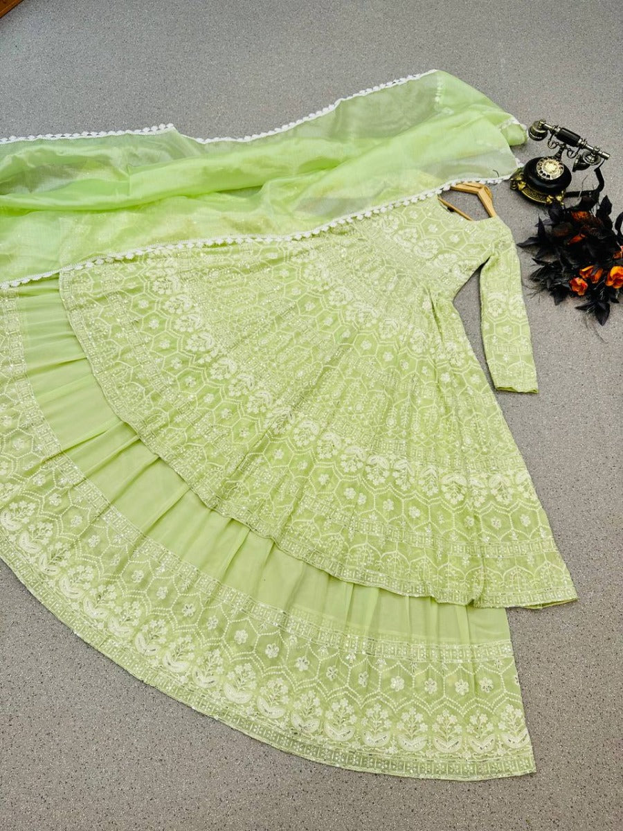 Launching Designer Wedding Wear Look Gorgette Siqunce Embroidery Work Top-Lehenga & Dupatta Set.