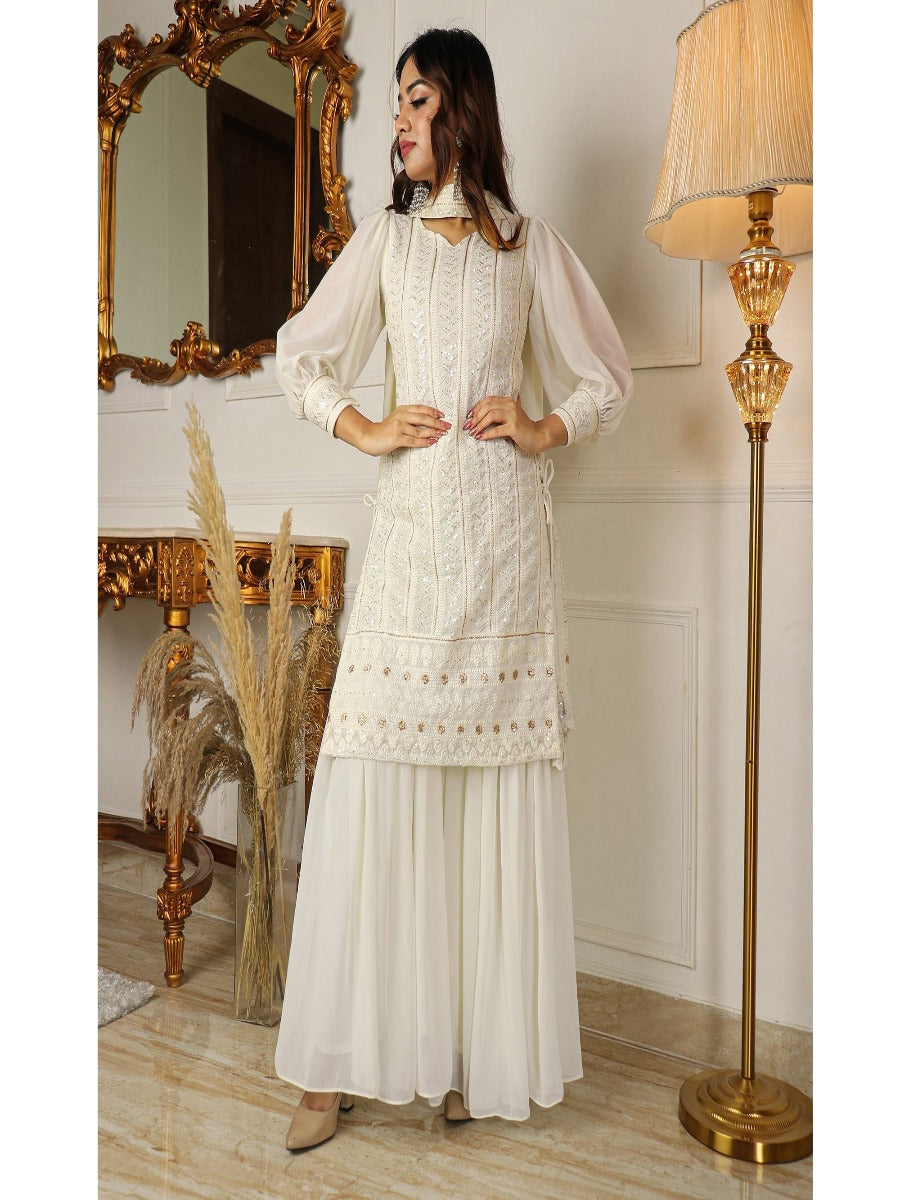 Beautiful Pure Lukhnowi Kurta Set Embroidery Cotton Thread Work Top - Sharara And Duppta Set.