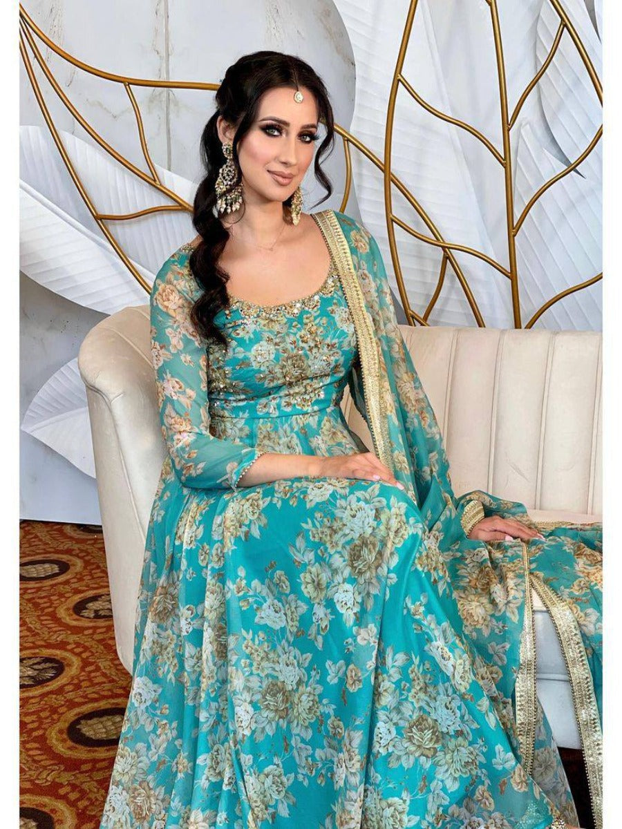 Launching New Designer Party Wear Look Embroidery Sequence Work Anarkali Gown & Dupatta