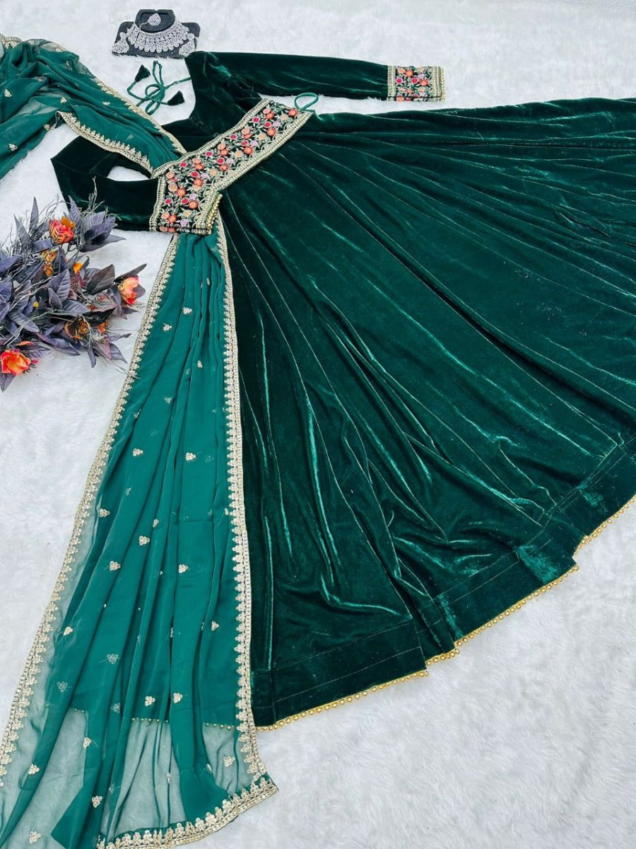 Launching Designer Wedding Wear Look Full Velvet Fancy Gown & Dupatta Set.