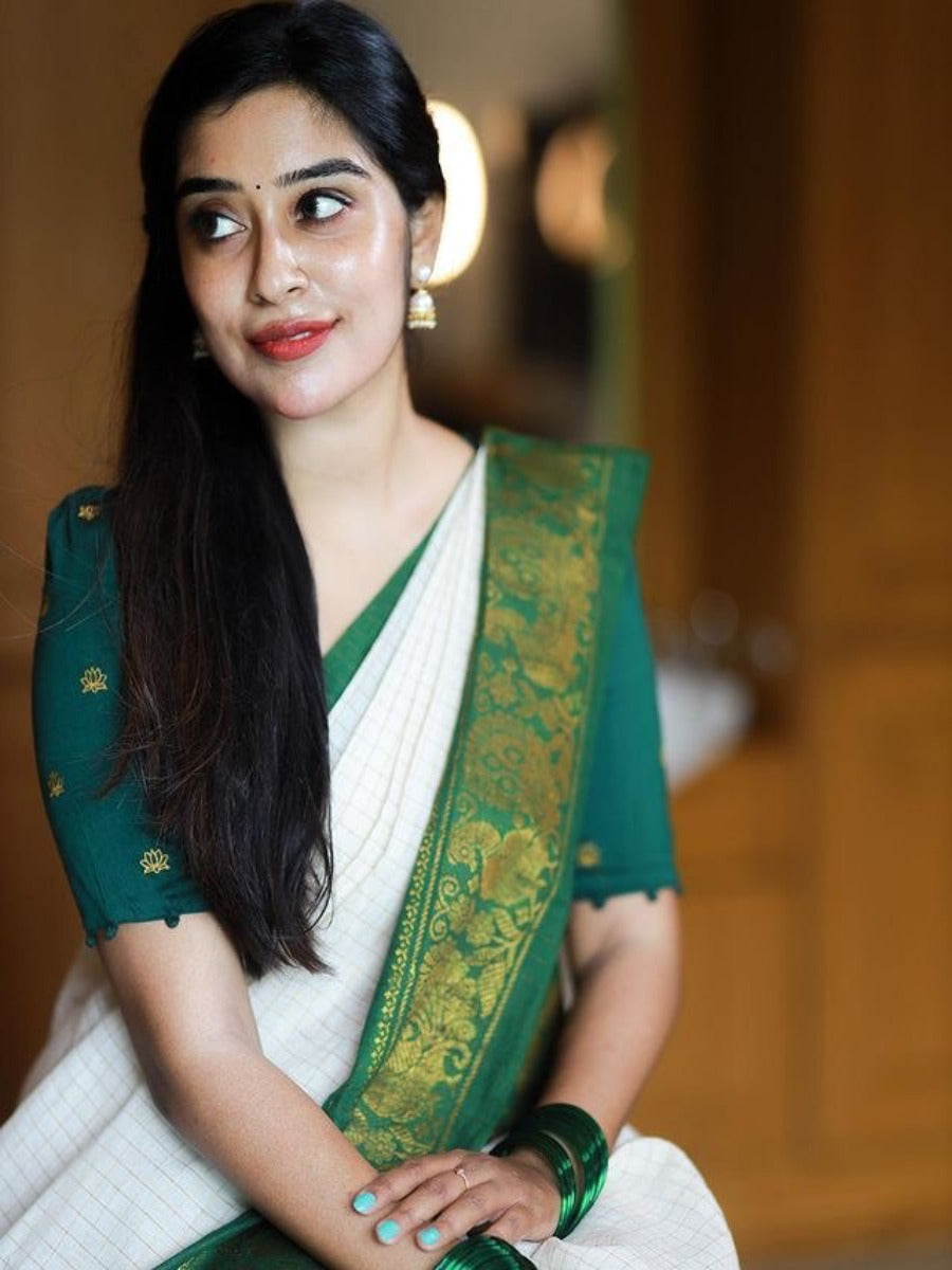 Pooja Special Lichi Silk Banarasi Saree With Green Kanjiwaram Figure.