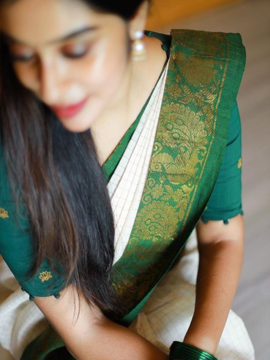Pooja Special Lichi Silk Banarasi Saree With Green Kanjiwaram Figure.