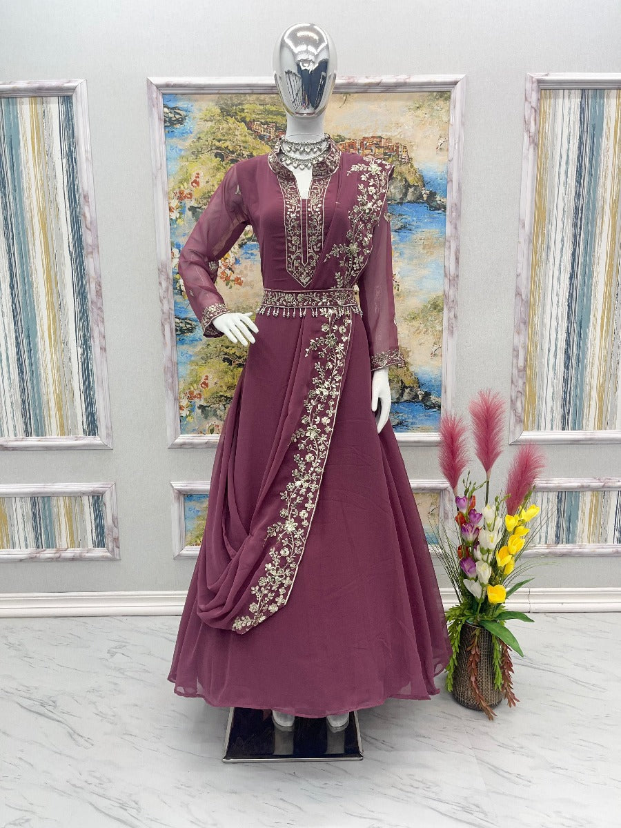 Launching New Designer Party Wear Look Gown & Attached Dupatta With Waist Belt Set.