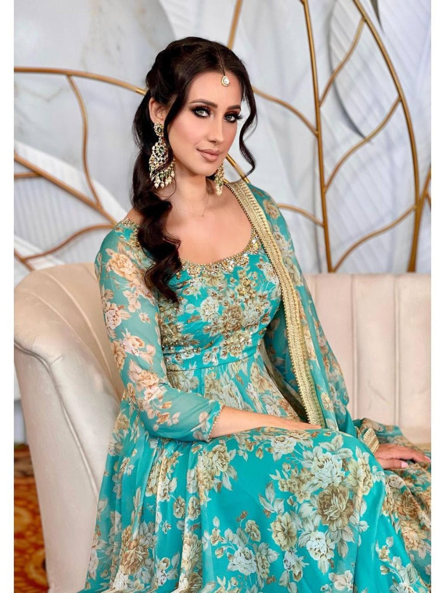 Launching New Designer Party Wear Look Embroidery Sequence Work Anarkali Gown & Dupatta