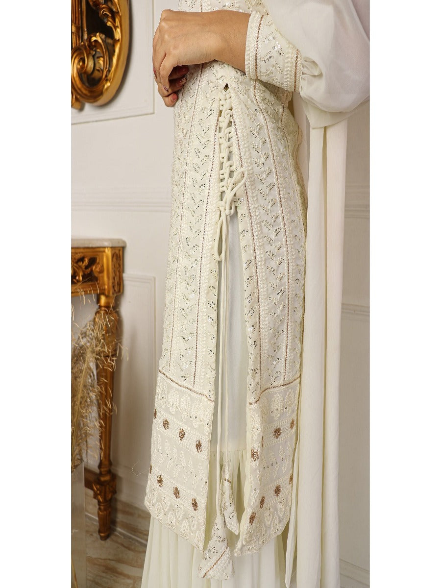 Beautiful Pure Lukhnowi Kurta Set Embroidery Cotton Thread Work Top - Sharara And Duppta Set.