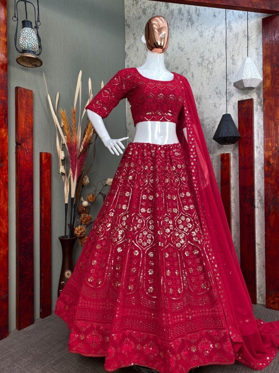BEUTIQUE STYLES BRODAL GEORGETTE SEQUANCE WORK LEHENGA CHOLI WITH DUPATTA.