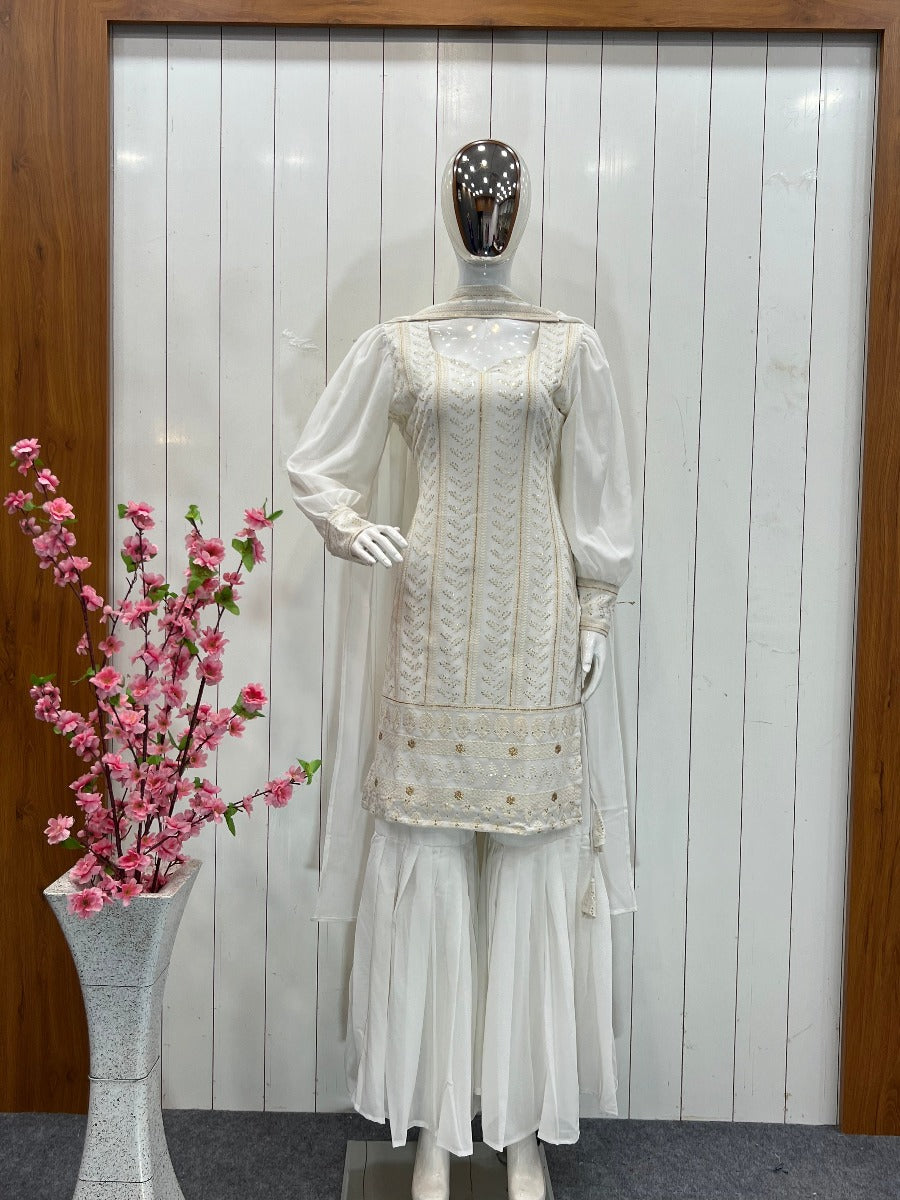 Beautiful Pure Lukhnowi Kurta Set Embroidery Cotton Thread Work Top - Sharara And Duppta Set.