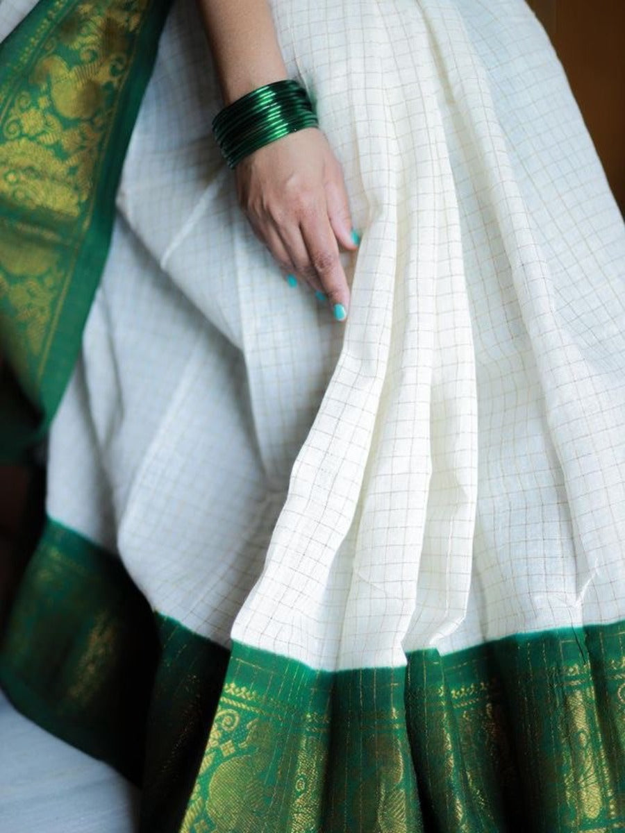 Pooja Special Lichi Silk Banarasi Saree With Green Kanjiwaram Figure.