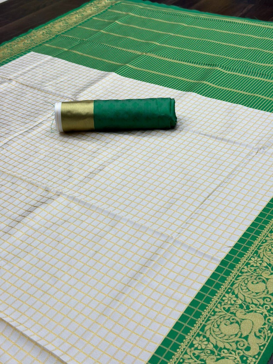 Pooja Special Lichi Silk Banarasi Saree With Green Kanjiwaram Figure.