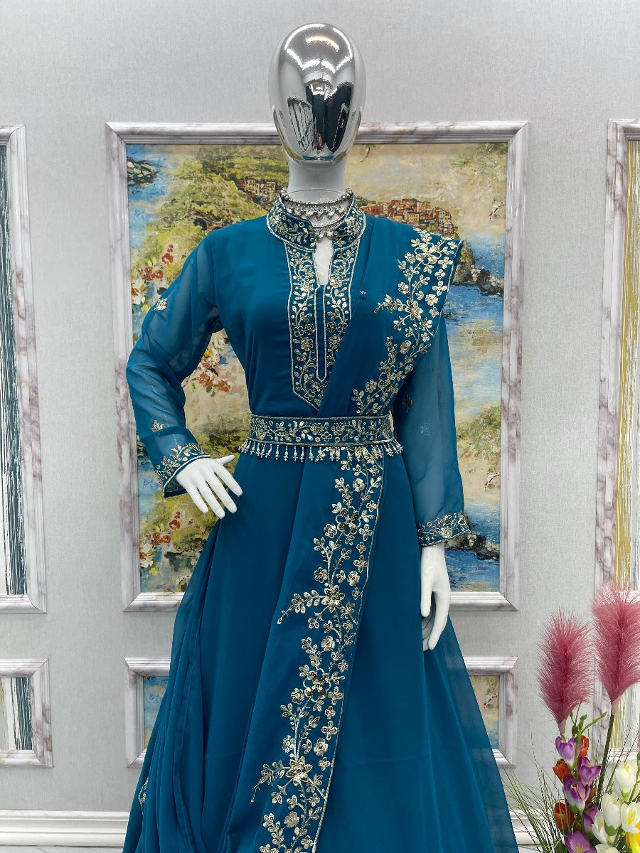 Launching New Designer Party Wear Look Gown & Attached Dupatta With Waist Belt Set.