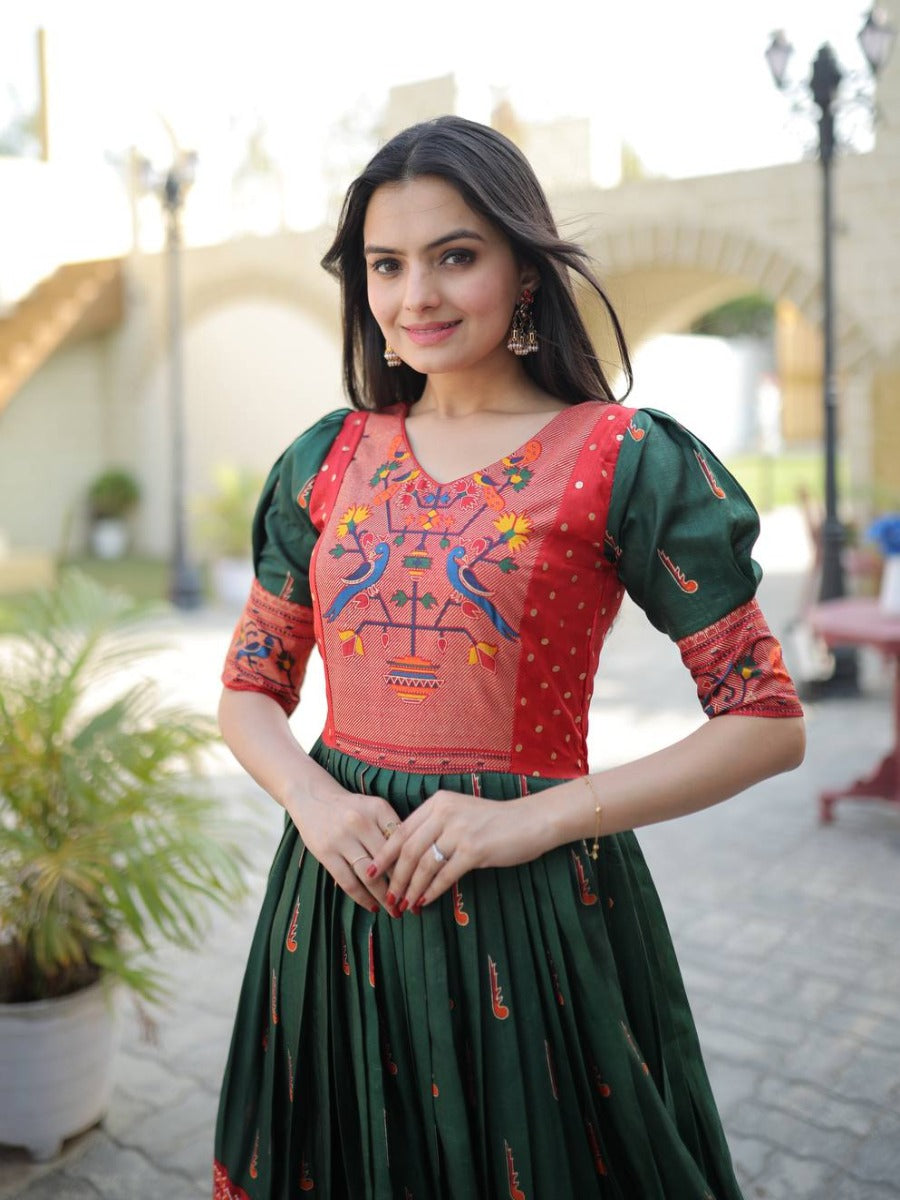 Launching New Party Wear Look Premium Patola Foil print work Dola silk designer gown.