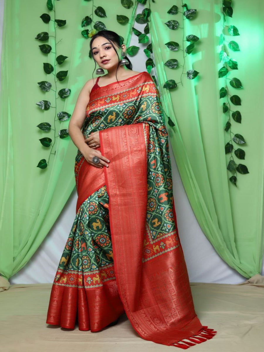 Pure kanchipuram Ikat patola digital printed saree rich pallu and Tassels.