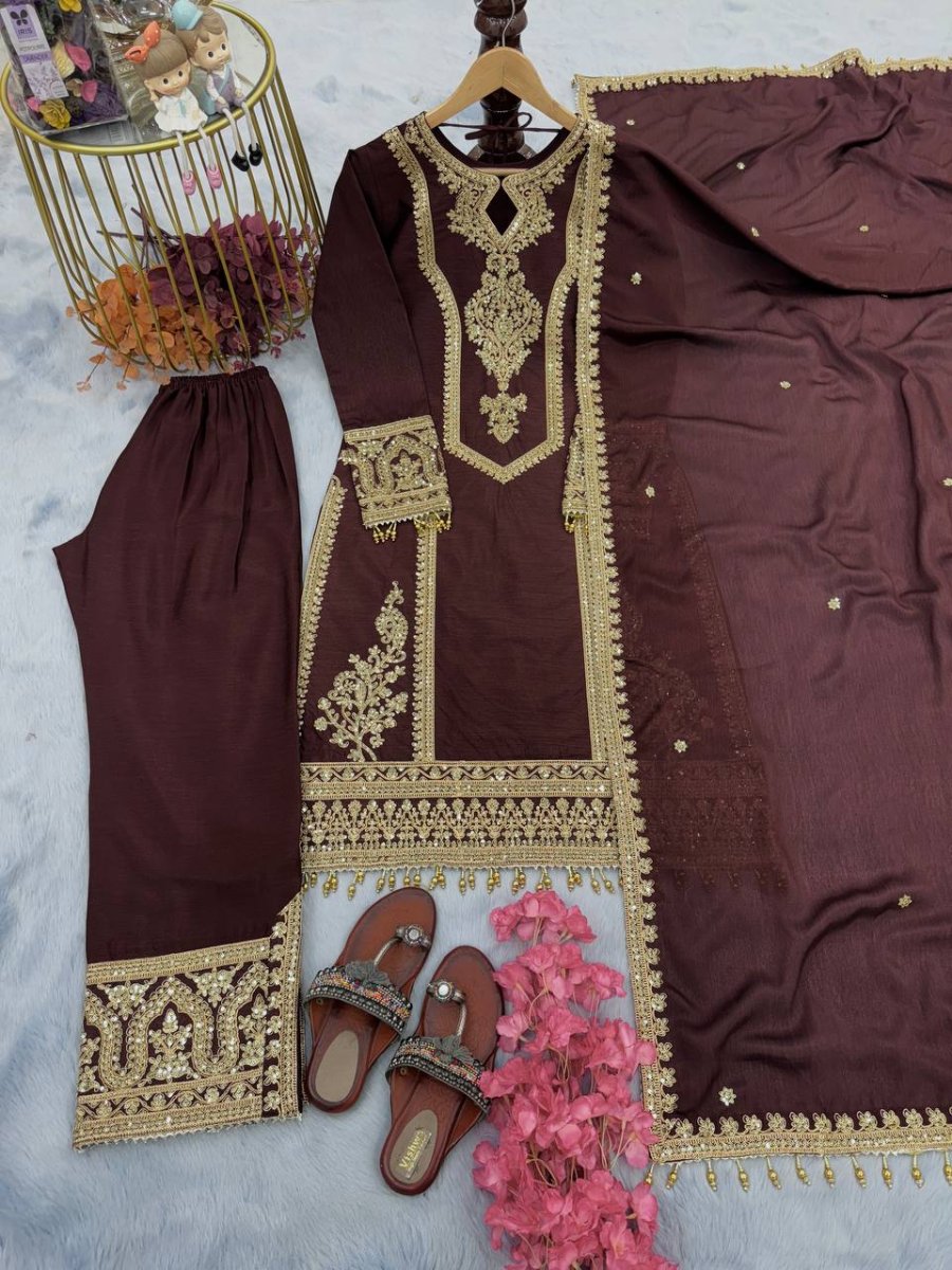 Launching New Đěsigner Party Wear Look Pur Chinon Silk Top Plazzo & Dupatta Set.