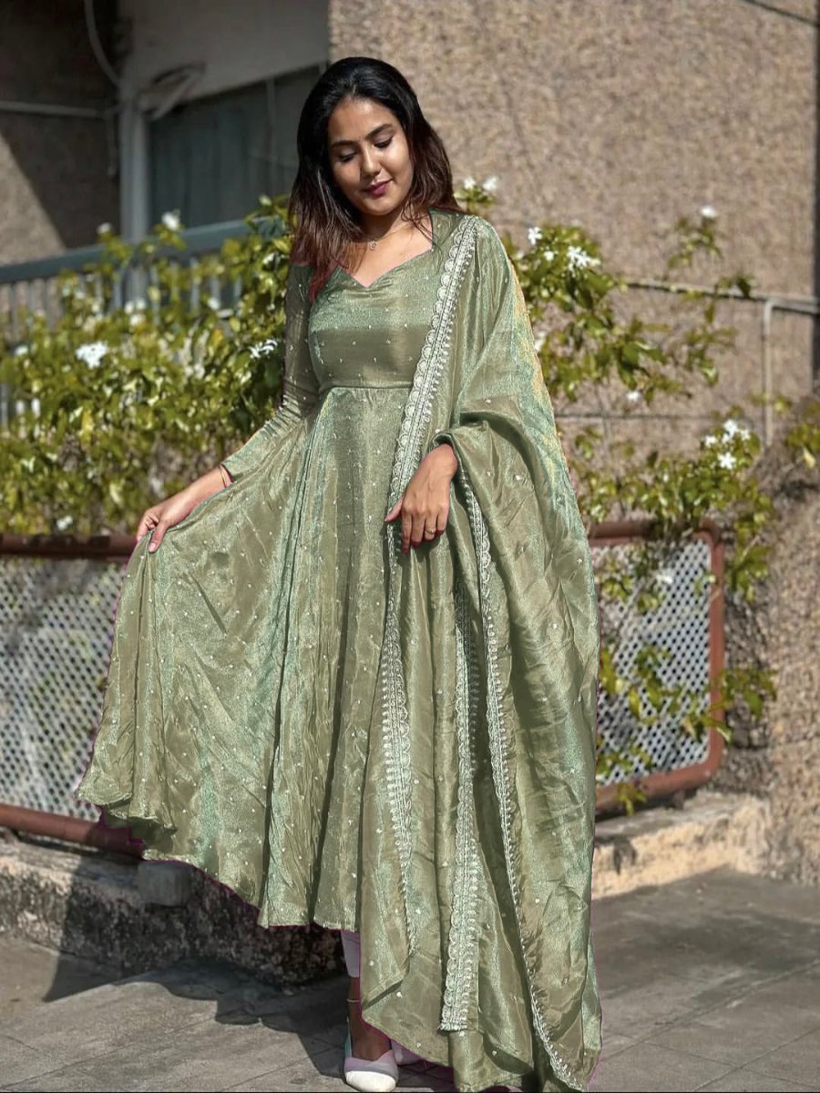 Launching New Party Wear Look Pur Twil Gold Net Anarkali Gown,Dupatta & Plazzo Set.