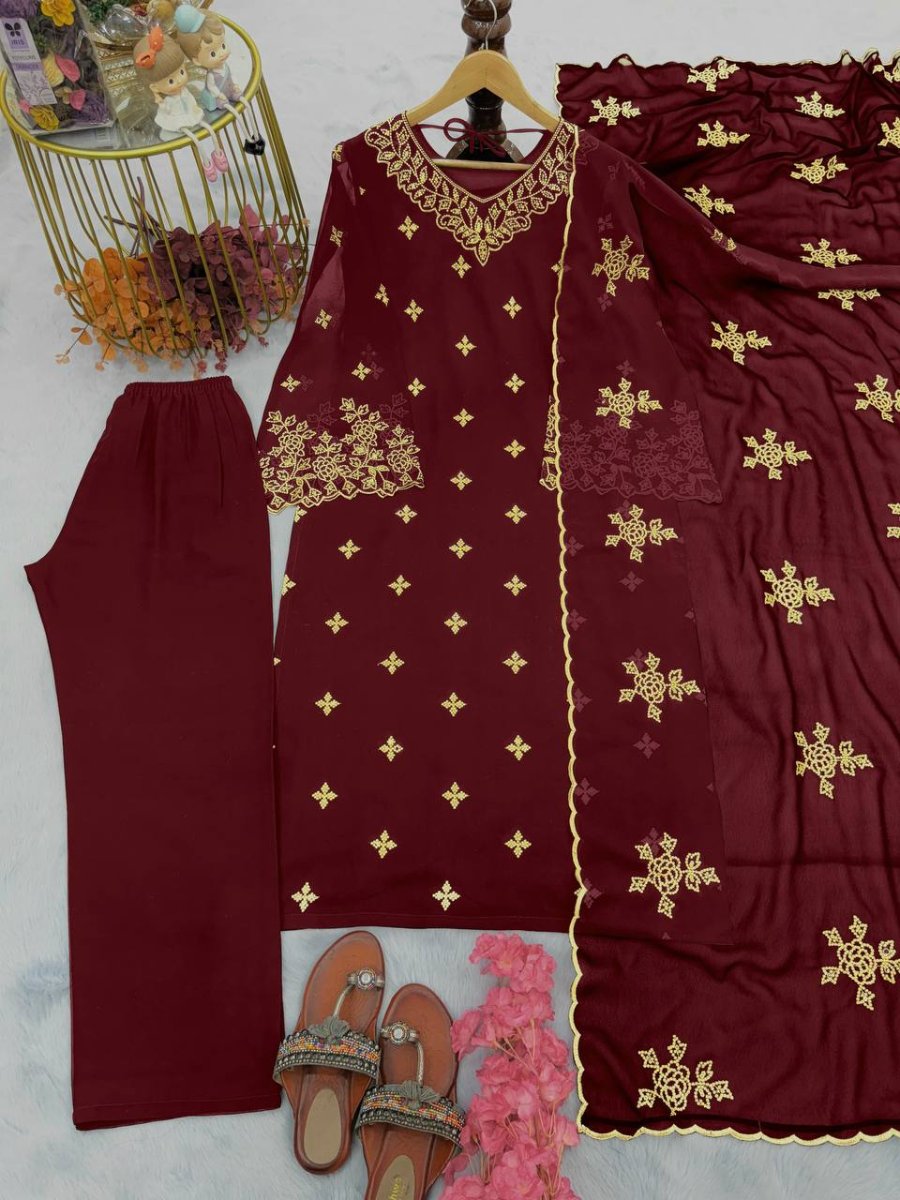 Launching New Đěsigner Party Wear Look Foux Georgette Top Plazzo & Dupatta Set.