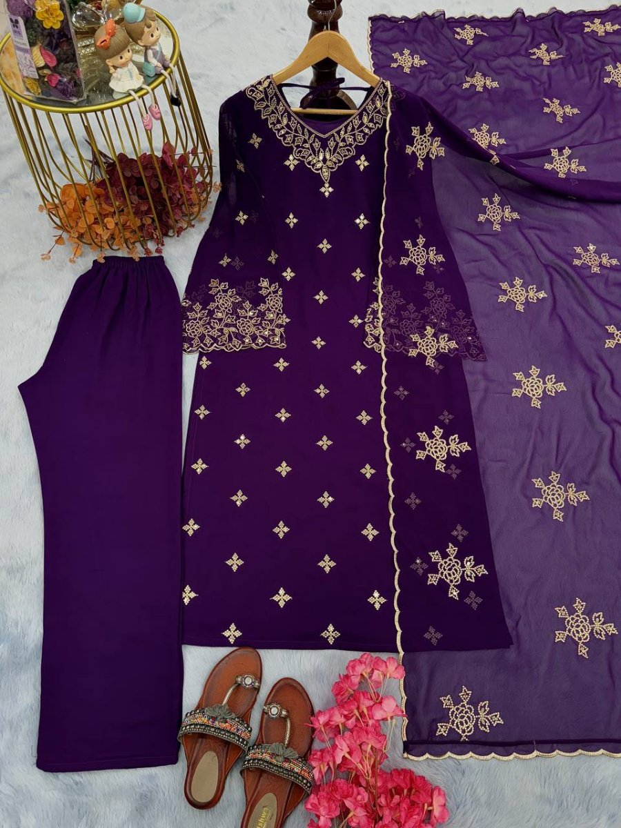 Launching New Đěsigner Party Wear Look Foux Georgette Top Plazzo & Dupatta Set.