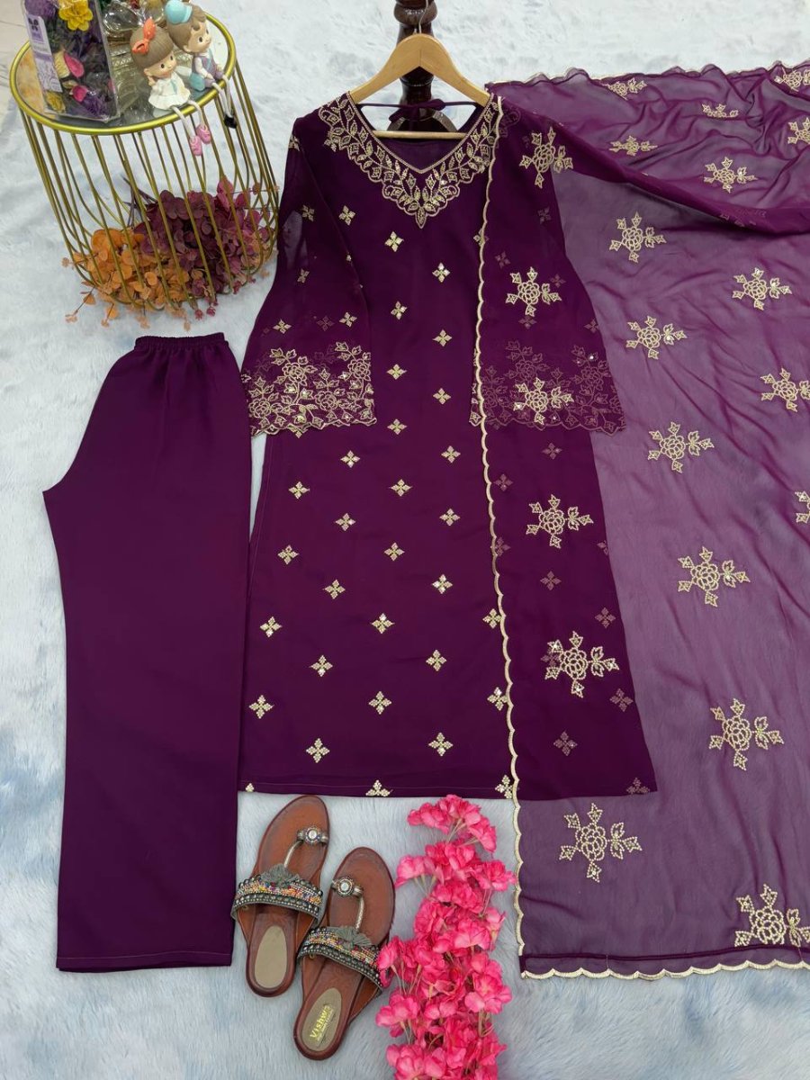 Launching New Đěsigner Party Wear Look Foux Georgette Top Plazzo & Dupatta Set.