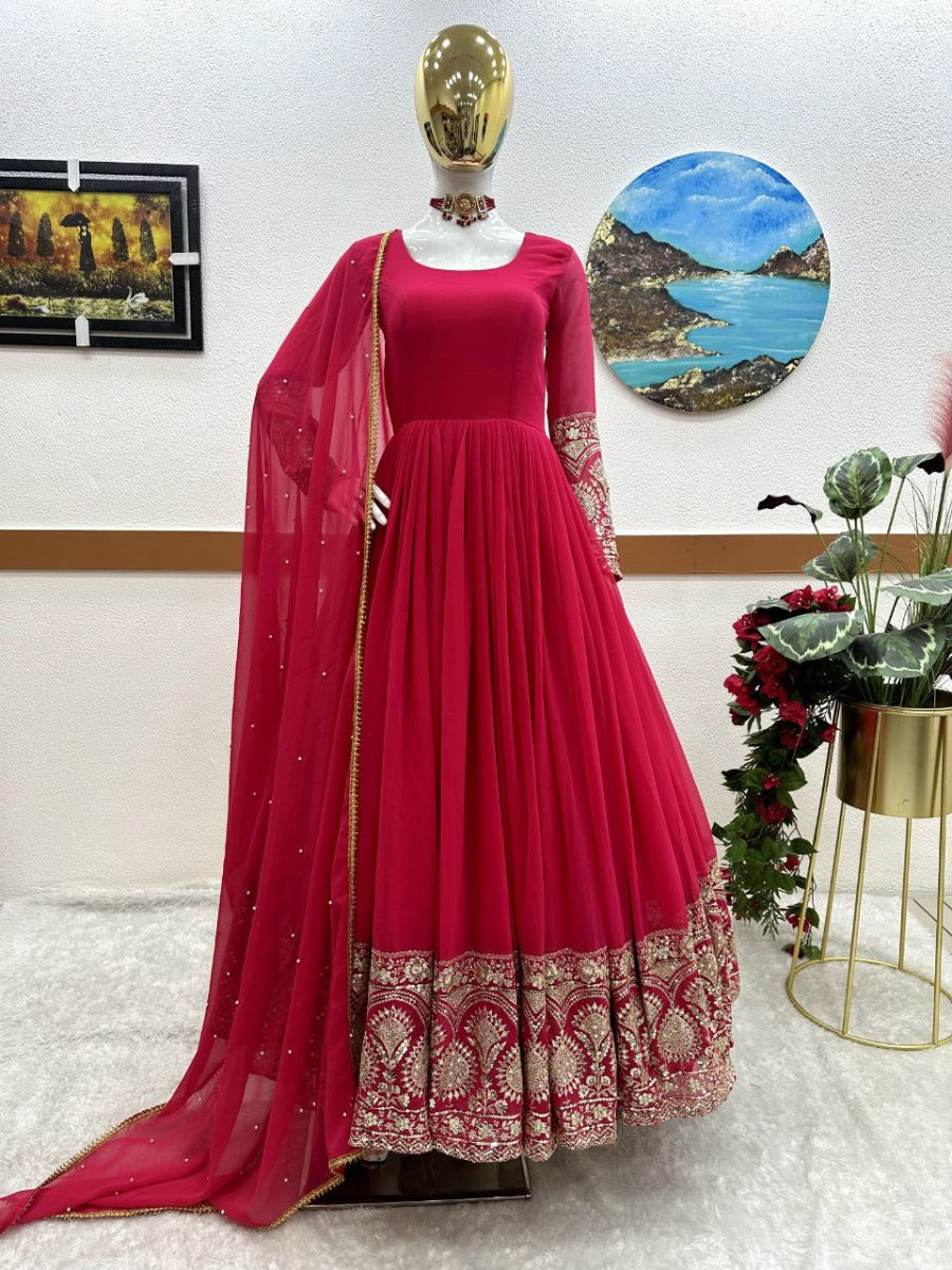 Launching New Designer Party Wear Look Embroidery Sequence Work Gown & Dupatta.