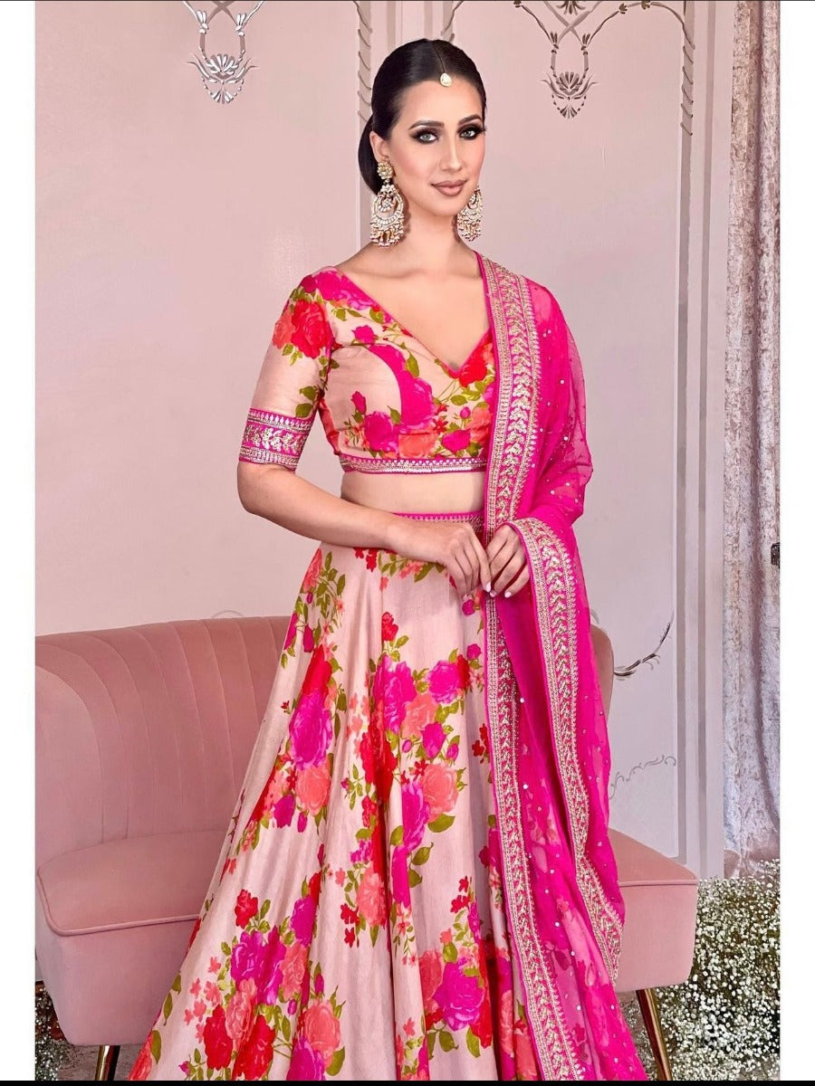 Pink Embroidered Net Lehenga Choli With Dupatta 2159LG01