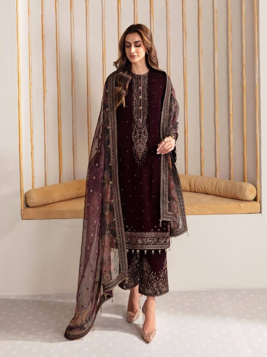 Launching New Designer Wedding Wear Look Full Velvet Fancy Kurti-Plazzo & Dupatta Set.