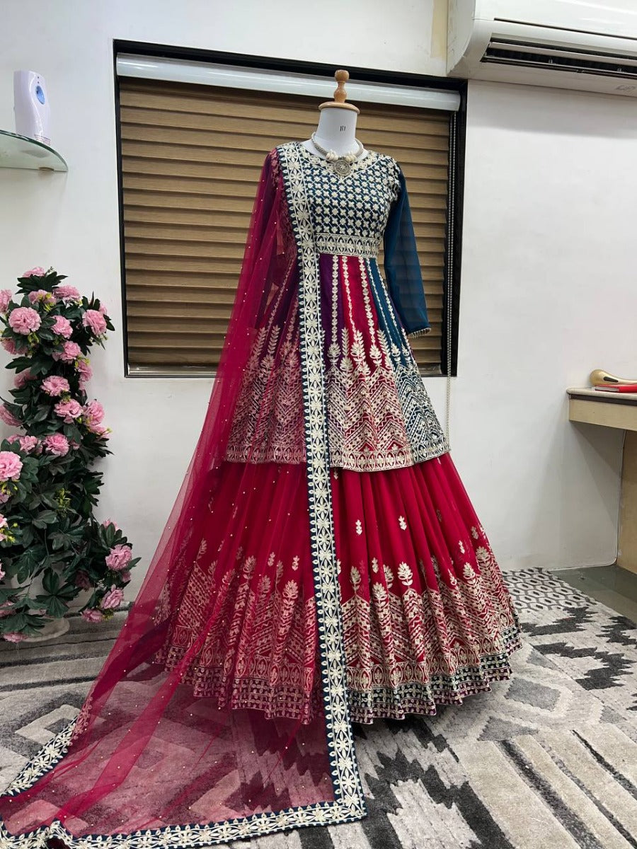 Launching New Designer Wedding Wear Look Faux Georgette Top-Lehenga & Dupatta Set.