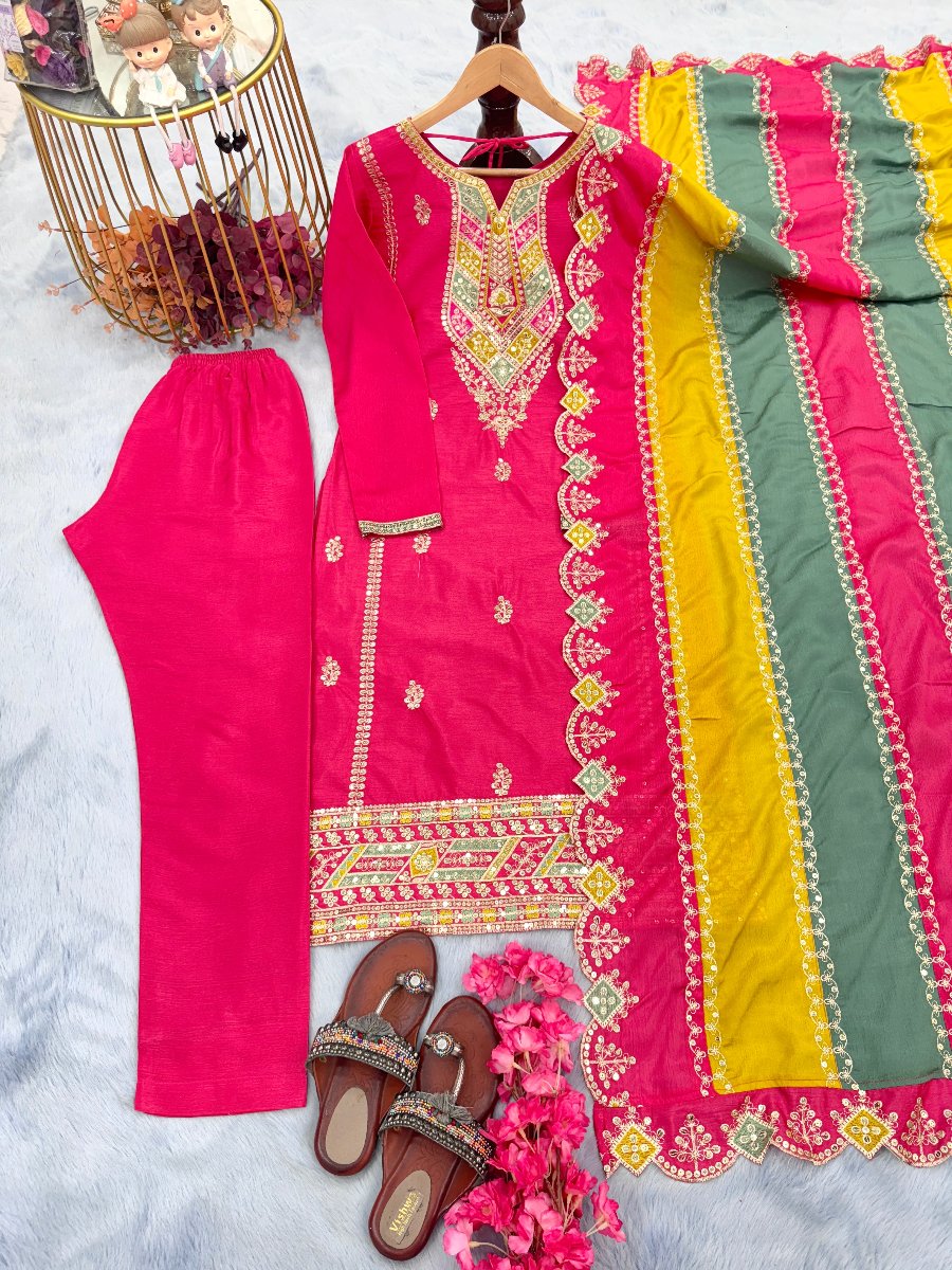 Launching New Đěsigner Party Wear Look Heavy Pur Chinon Silk Top Plazzo & Multi Color Dupatta Set.