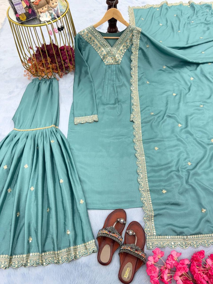 Launching New Đěsigner Party Wear Look Pur Chinon Silk Top Plazzo & Dupatta Set.