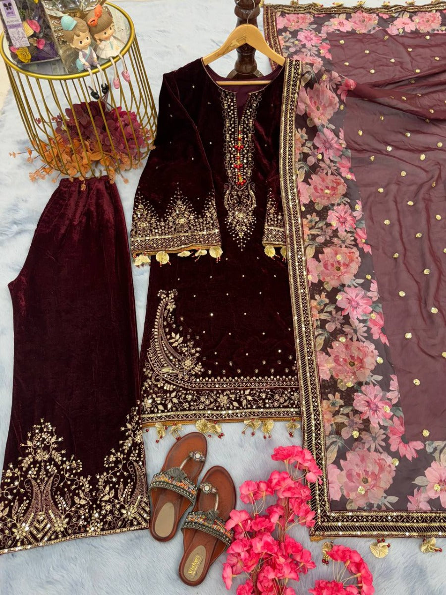 Launching New Designer Wedding Wear Look Full Velvet Fancy Kurti-Plazzo & Dupatta Set.