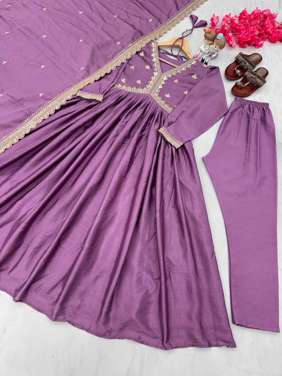 Launching New Party Wear Look Pur Chinon Silk Alia Cut Gown,Dupatta & Bottom Set.