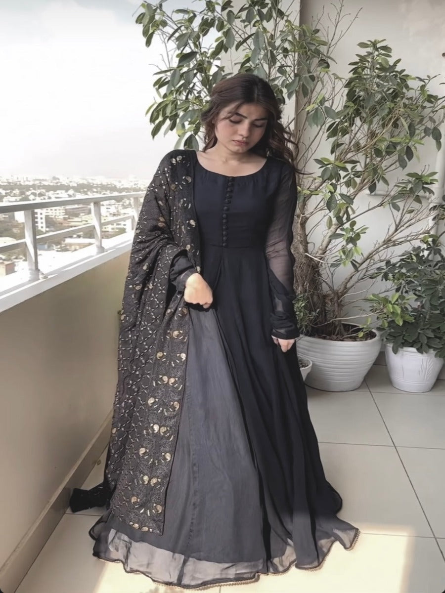 Launching New Designer Party Wear Look Embroidery Sequence Work Gown Dupatta