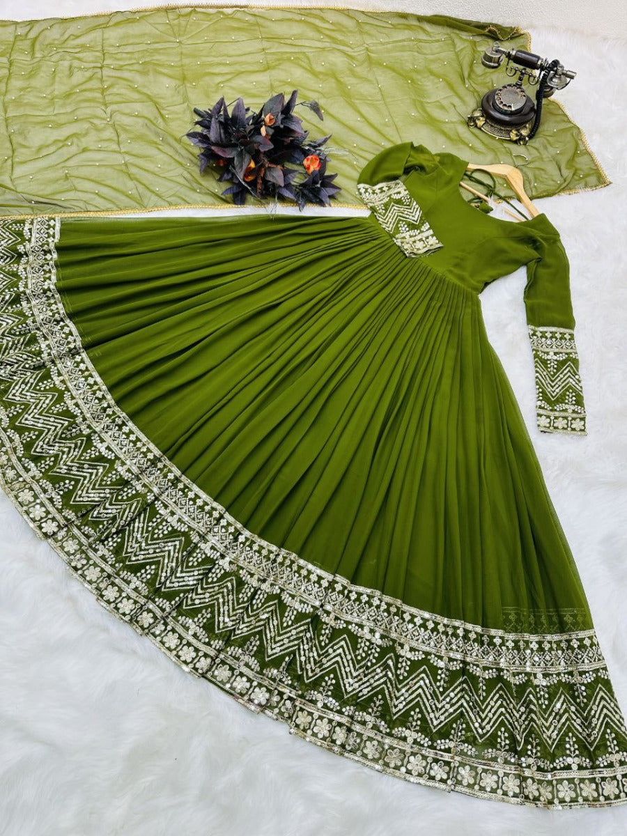 Launching New Designer Party Wear Look Embroidery Sequence Work Gown & Dupatta.